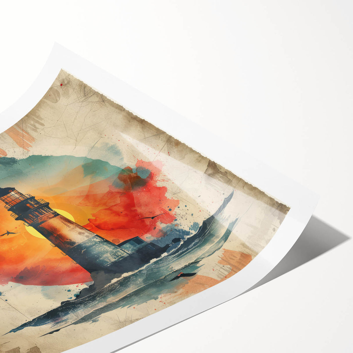 Stunning lighthouse wall art print showcasing vibrant colors and intricate details, rolled for easy display and shipping, perfect for coastal-themed decor.