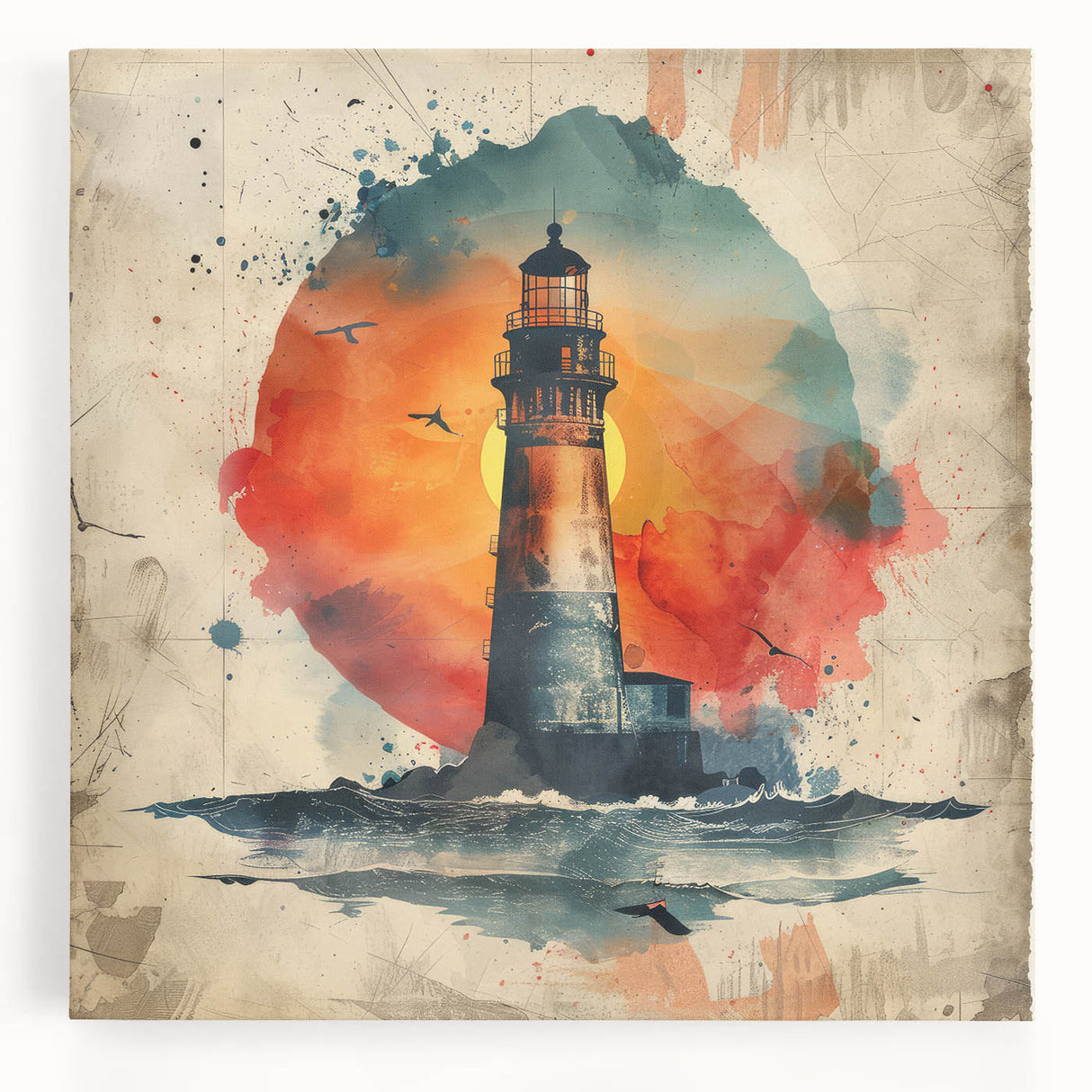 Stretched canvas wall art depicting a serene lighthouse scene at sunset, featuring vibrant colors and intricate details, perfect for coastal home decor.