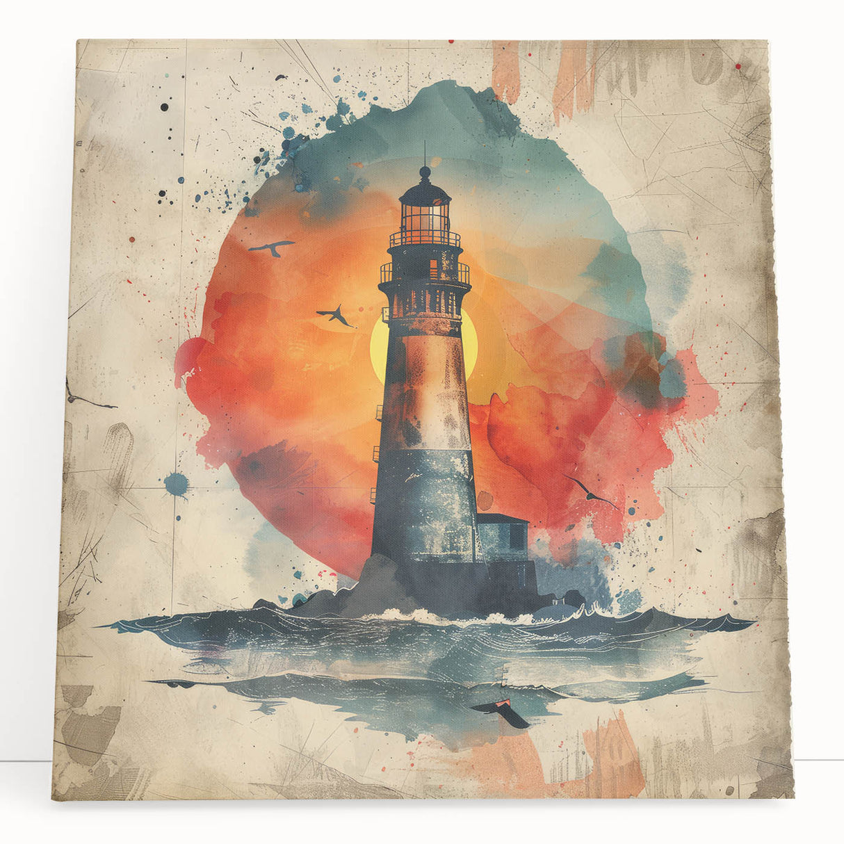 Stretched canvas wall art featuring a serene lighthouse landscape, showcasing vibrant colors and intricate details, ideal for coastal-themed home decor.