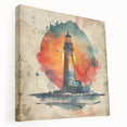 Stretched canvas artwork depicting a serene lighthouse landscape, showcasing vibrant colors and intricate details, ideal for coastal home decor or nautical themes.