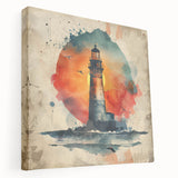 Stretched canvas artwork depicting a serene lighthouse landscape, showcasing vibrant colors and intricate details, ideal for coastal home decor or nautical themes.