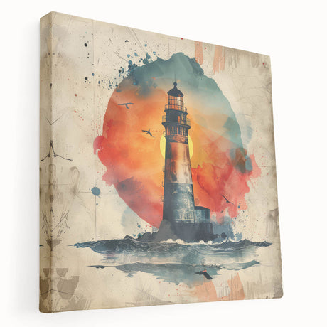 Stretched canvas artwork depicting a serene lighthouse landscape, showcasing vibrant colors and intricate details, ideal for coastal home decor or nautical themes.