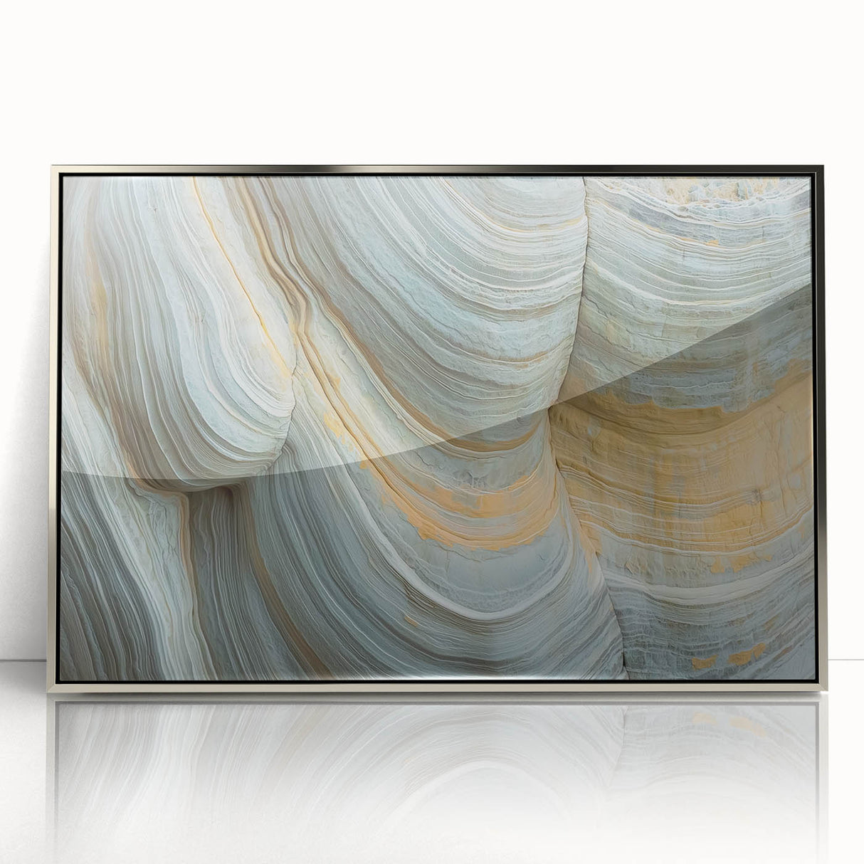 Mid-century modernist floral acrylic print in silver frame, featuring soft pastel shades, ideal for nursery wall art.