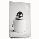 Bathroom Canvas Art - Cute Penguin with Toilet Roll Minimalist Design