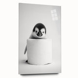 Bathroom Canvas Art - Cute Penguin with Toilet Roll Minimalist Design