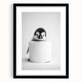 Bathroom Canvas Art - Cute Penguin with Toilet Roll Minimalist Design