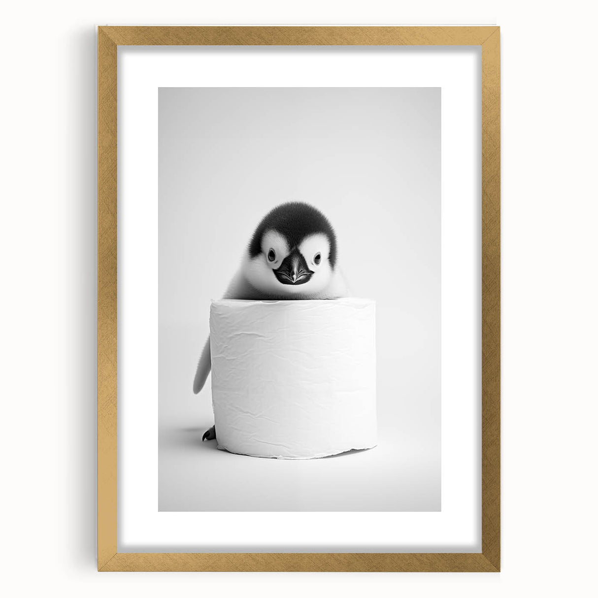 Bathroom Canvas Art - Cute Penguin with Toilet Roll Minimalist Design