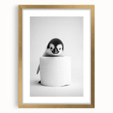 Bathroom Canvas Art - Cute Penguin with Toilet Roll Minimalist Design
