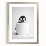 Bathroom Canvas Art - Cute Penguin with Toilet Roll Minimalist Design