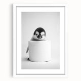Bathroom Canvas Art - Cute Penguin with Toilet Roll Minimalist Design