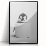 Bathroom Canvas Art - Cute Penguin with Toilet Roll Minimalist Design