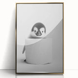 Bathroom Canvas Art - Cute Penguin with Toilet Roll Minimalist Design