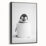 Bathroom Canvas Art - Cute Penguin with Toilet Roll Minimalist Design