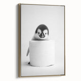 Bathroom Canvas Art - Cute Penguin with Toilet Roll Minimalist Design