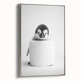 Bathroom Canvas Art - Cute Penguin with Toilet Roll Minimalist Design