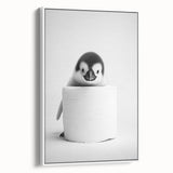 Bathroom Canvas Art - Cute Penguin with Toilet Roll Minimalist Design