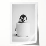 Bathroom Canvas Art - Cute Penguin with Toilet Roll Minimalist Design