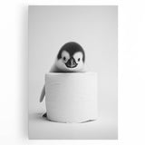 Bathroom Canvas Art - Cute Penguin with Toilet Roll Minimalist Design