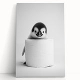 Bathroom Canvas Art - Cute Penguin with Toilet Roll Minimalist Design