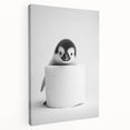Bathroom Canvas Art - Cute Penguin with Toilet Roll Minimalist Design