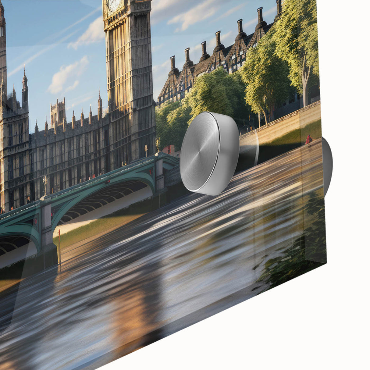 Large abstract depiction of London skyline in muted gray and blue tones on acrylic glass, ideal for dining room art.