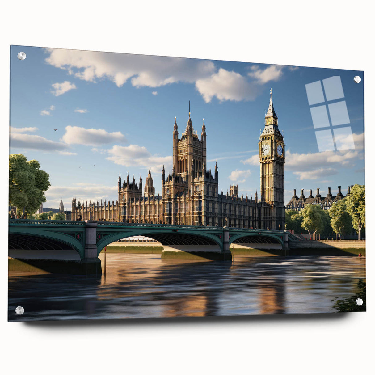 Acrylic print of London skyline in muted gray and blue tones, suitable for bedroom or dining room decor.