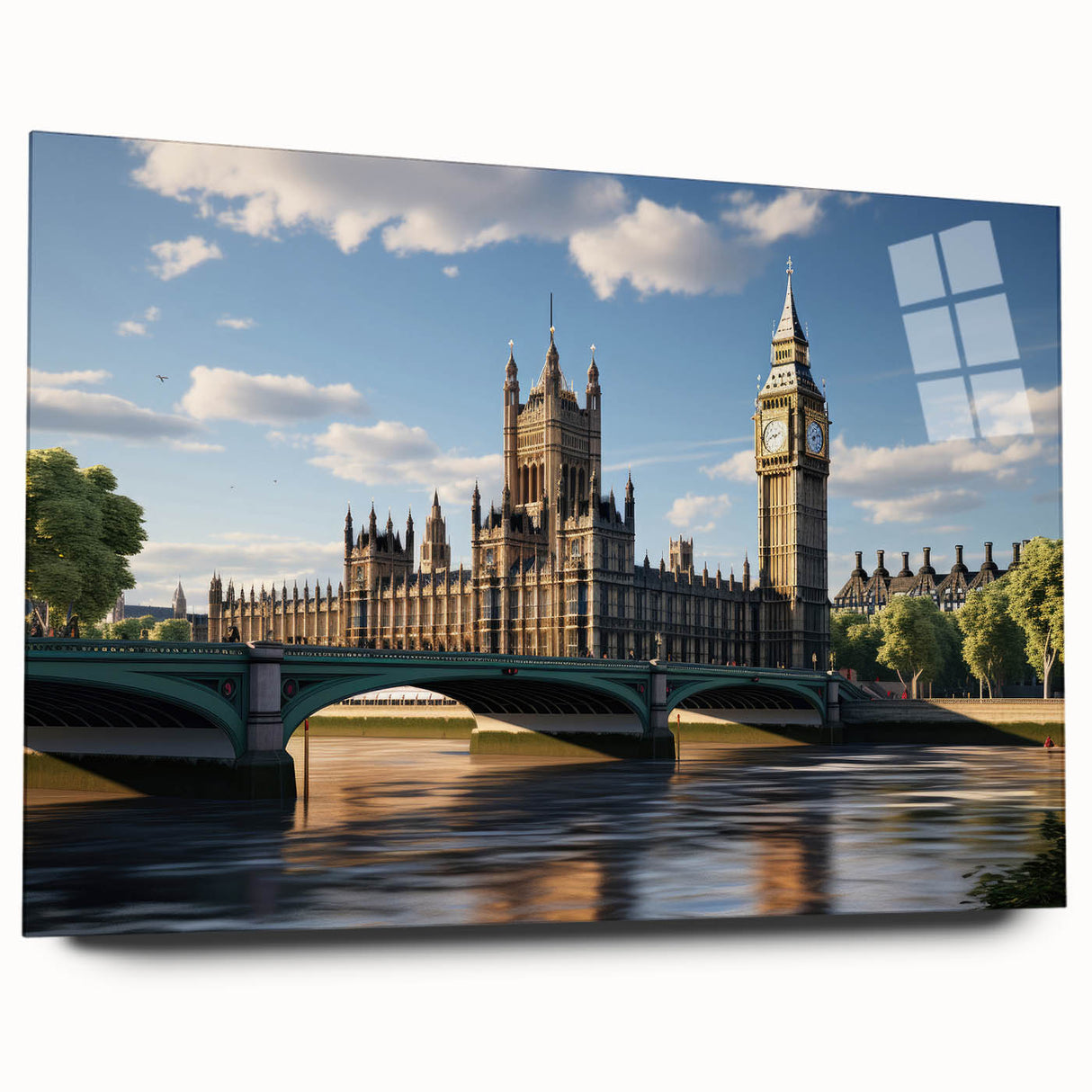 Large abstract wall art of London scenery in muted blue and gray tones on acrylic glass.