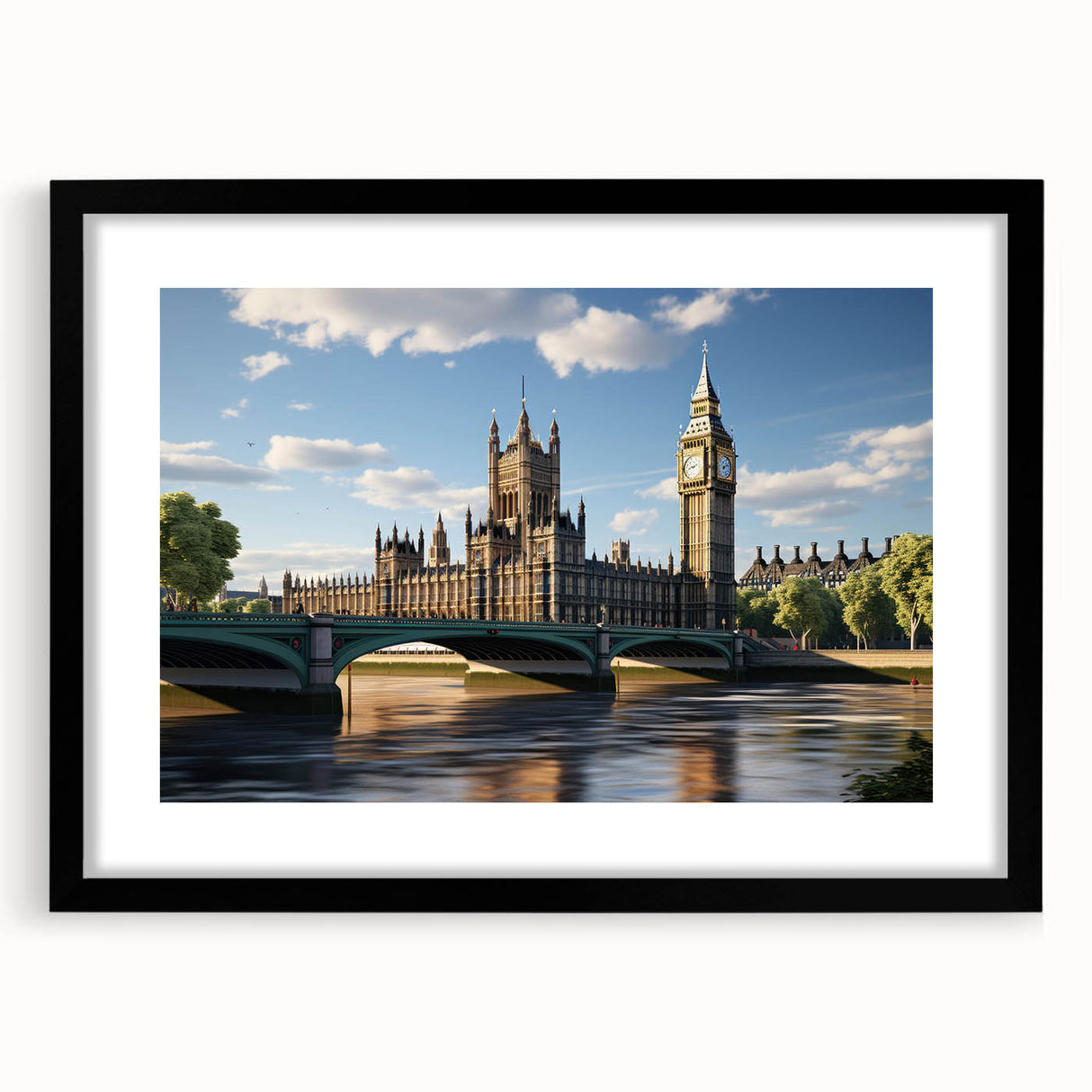 Colorful abstract art print of London scenery in vibrant hues on a large textured canvas, ideal for living room decor.