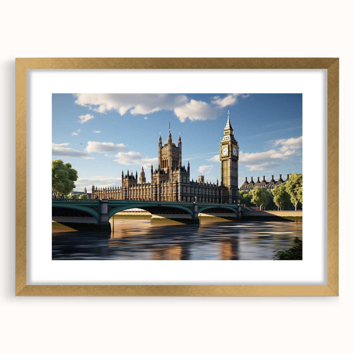 Abstract art print of London scenery in muted gold and blue tones, framed with a mat, ideal for dining room decor.