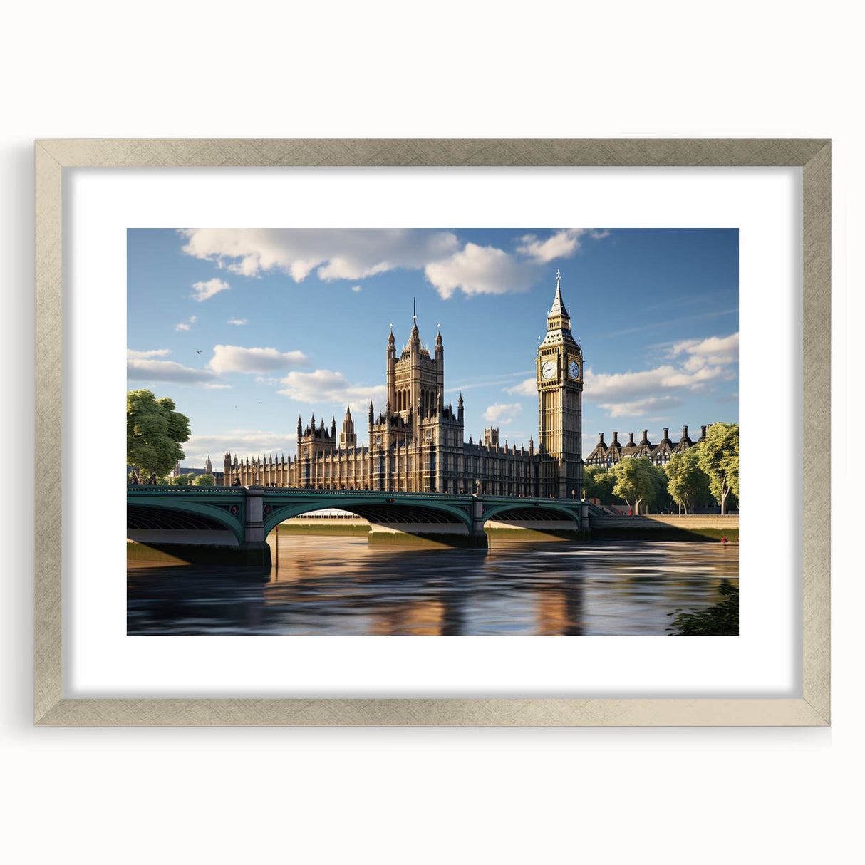 Extra large wall art depicting an abstract London skyline in muted gray and blue tones, framed with a silver mat.