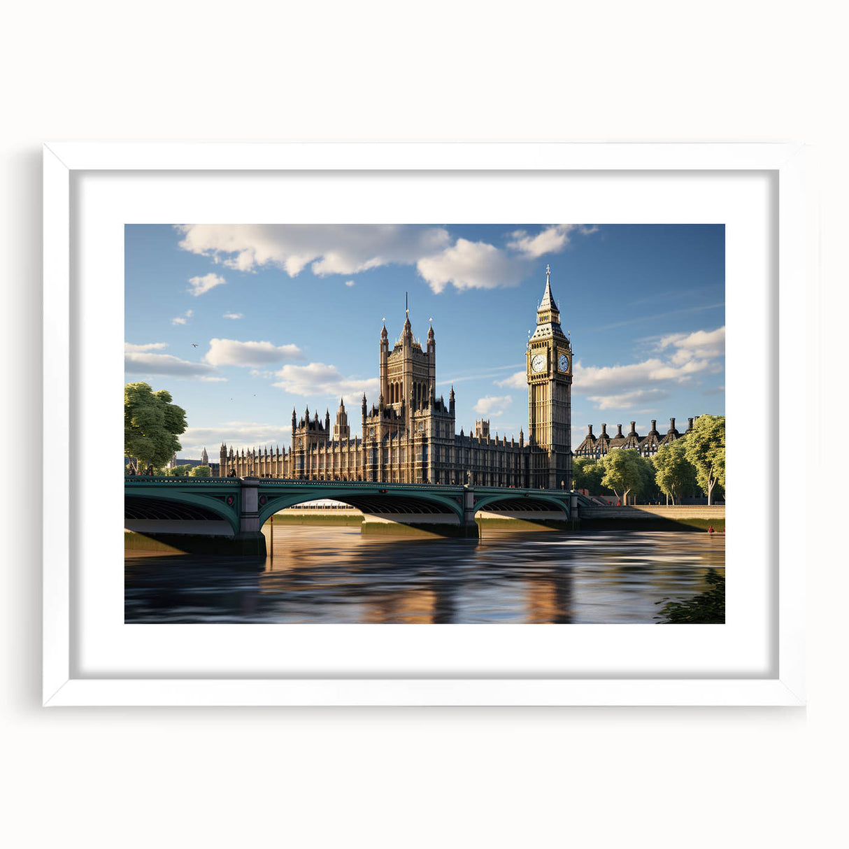 Textured abstract art print of London scenery in muted gray and blue tones, framed with a white mat.