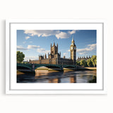 Textured abstract art print of London scenery in muted gray and blue tones, framed with a white mat.