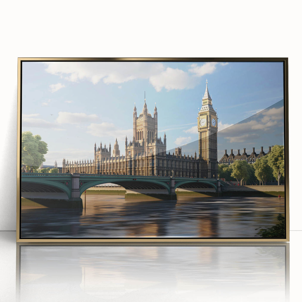 Art deco poster of London scenery in muted gold and blue tones, framed acrylic print ideal for modern art wall decor.