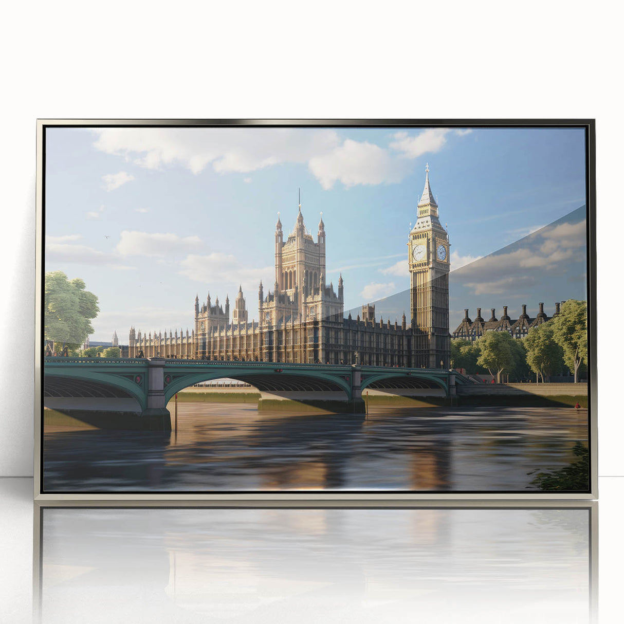 Large art print of London skyline in muted gray tones on framed acrylic, ideal for modern art wall decor.