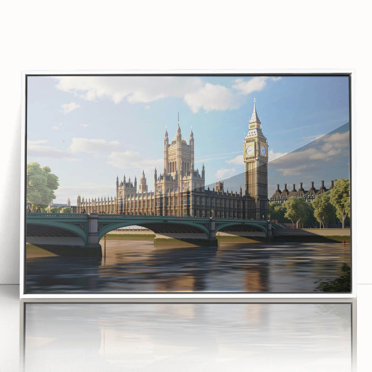 Mid-century modernist art depicting London scenery in muted earth tones on a framed acrylic, ideal for nursery wall decor.