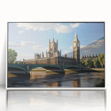 Mid-century modernist art depicting London scenery in muted earth tones on a framed acrylic, ideal for nursery wall decor.