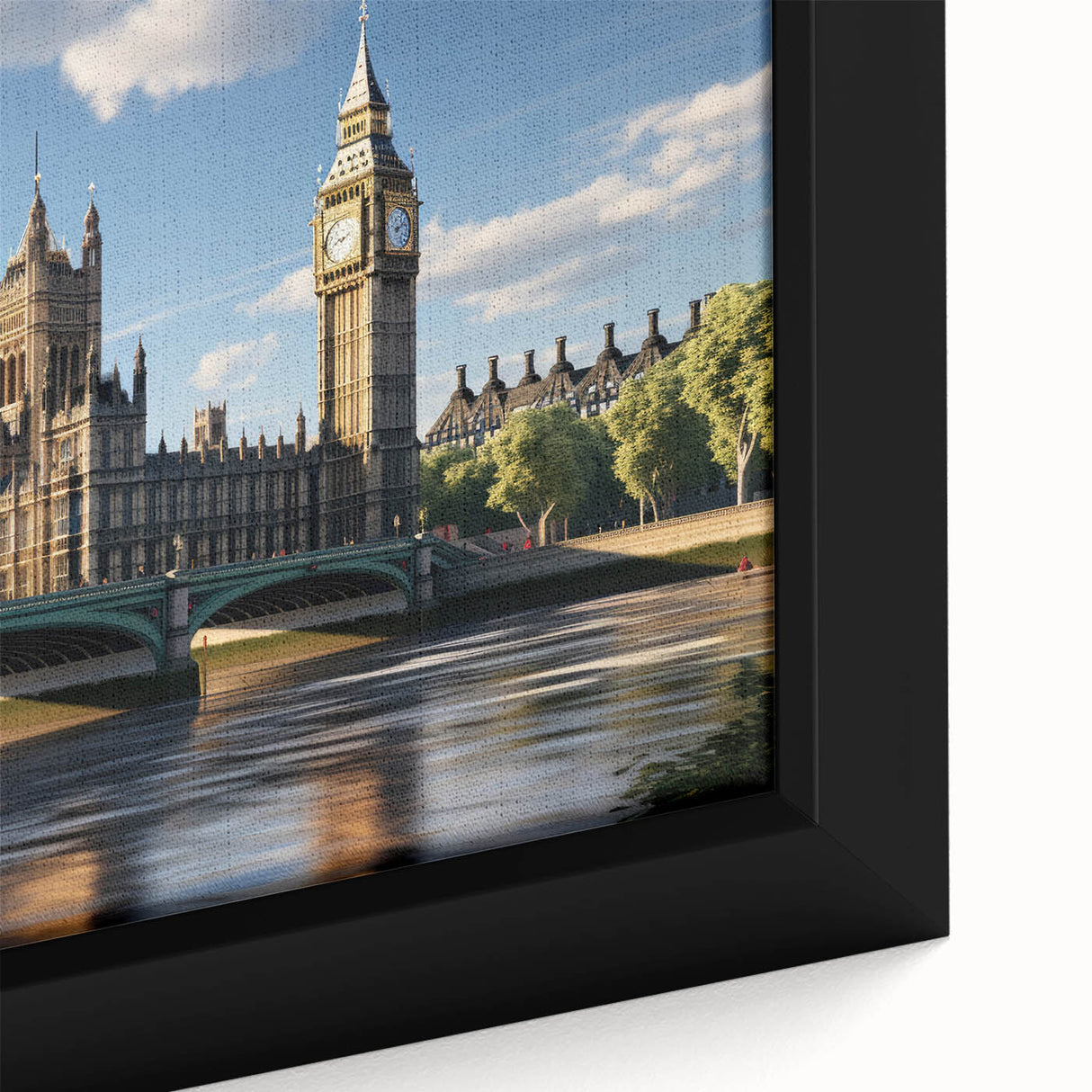 Extra large black wall art featuring a textured depiction of the London skyline in colorful art style, framed canvas.