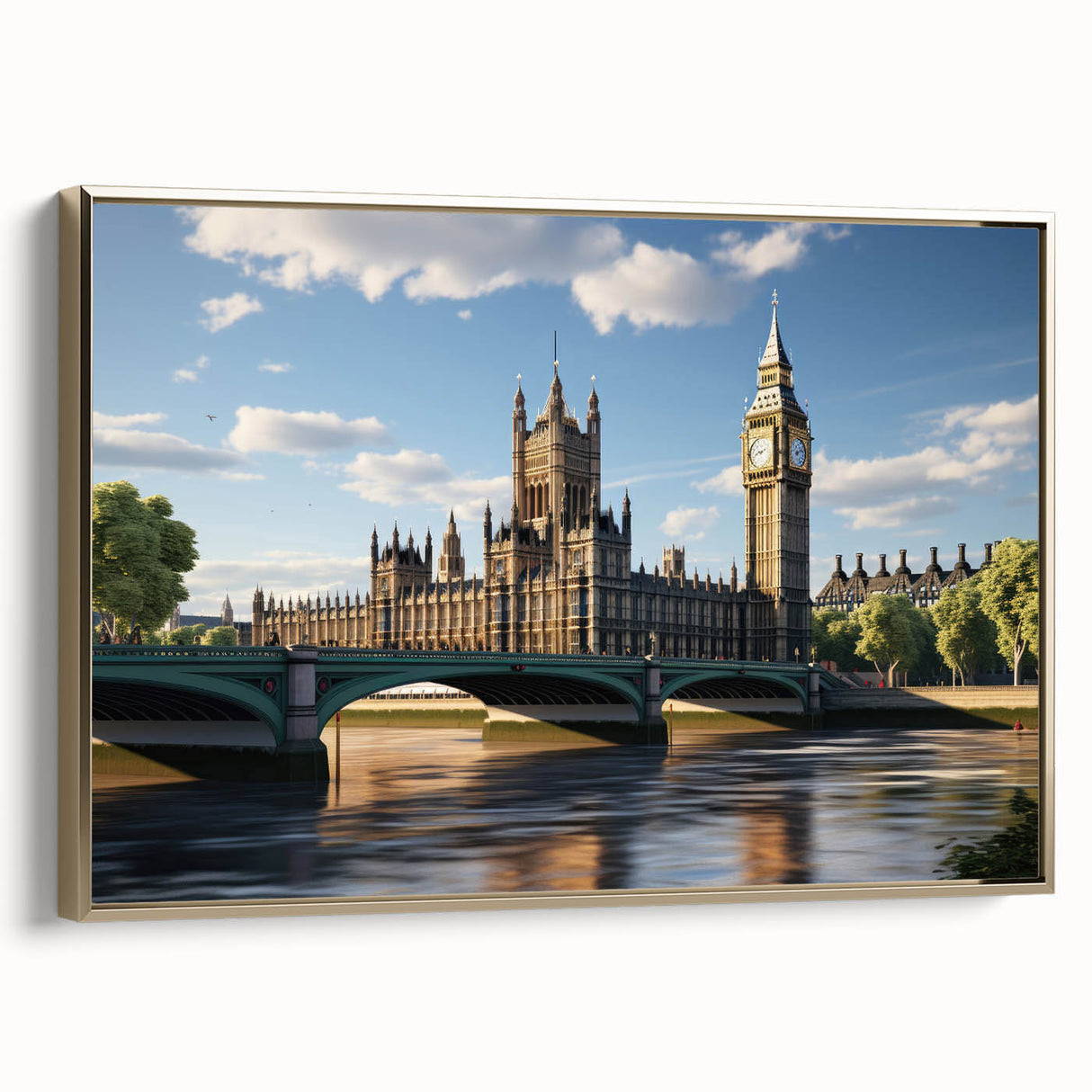 Landscape painting of London featuring Big Ben and the Thames in muted gold and black tones on framed canvas.