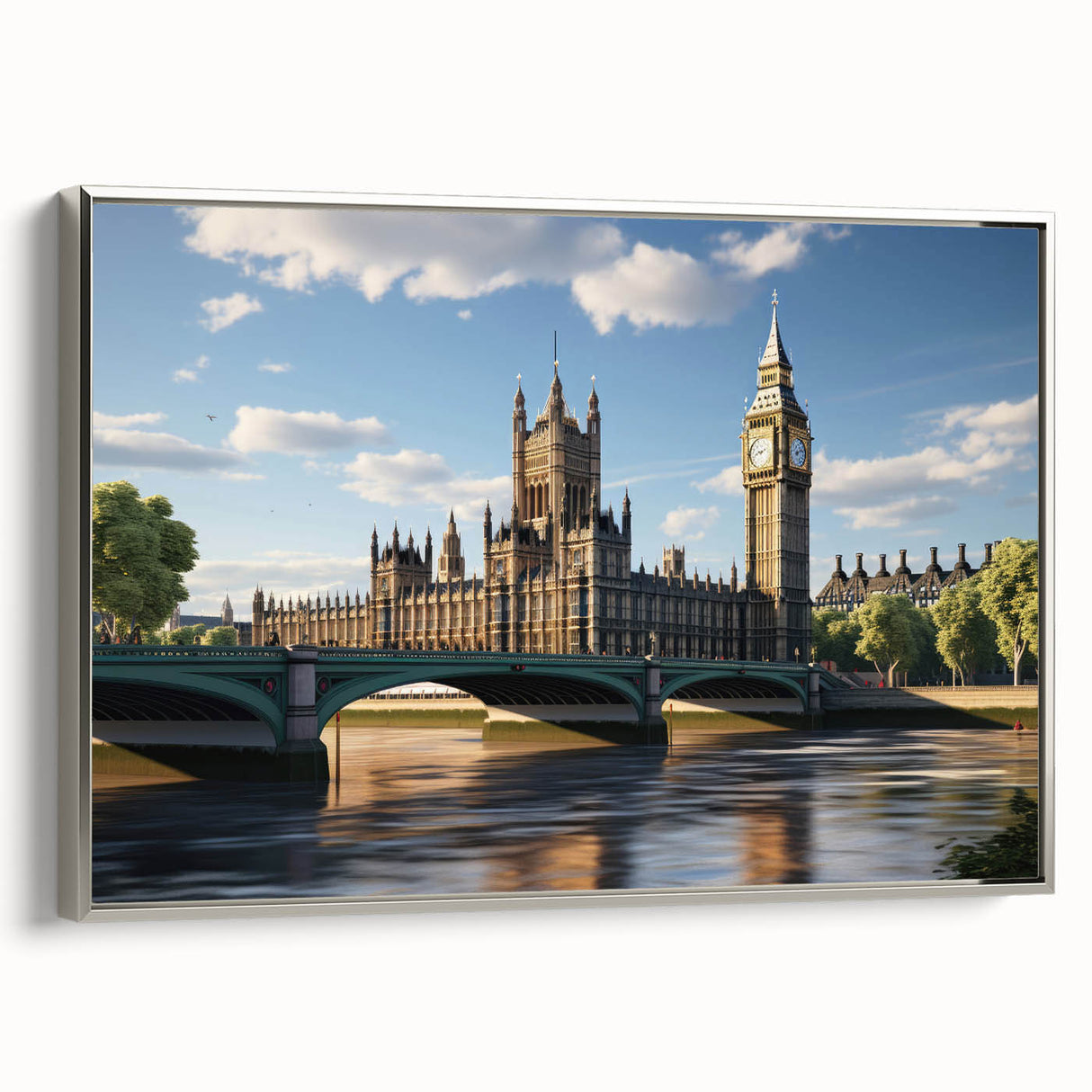 Landscape painting of London's skyline in muted gray and black, framed canvas, ideal for office decor.