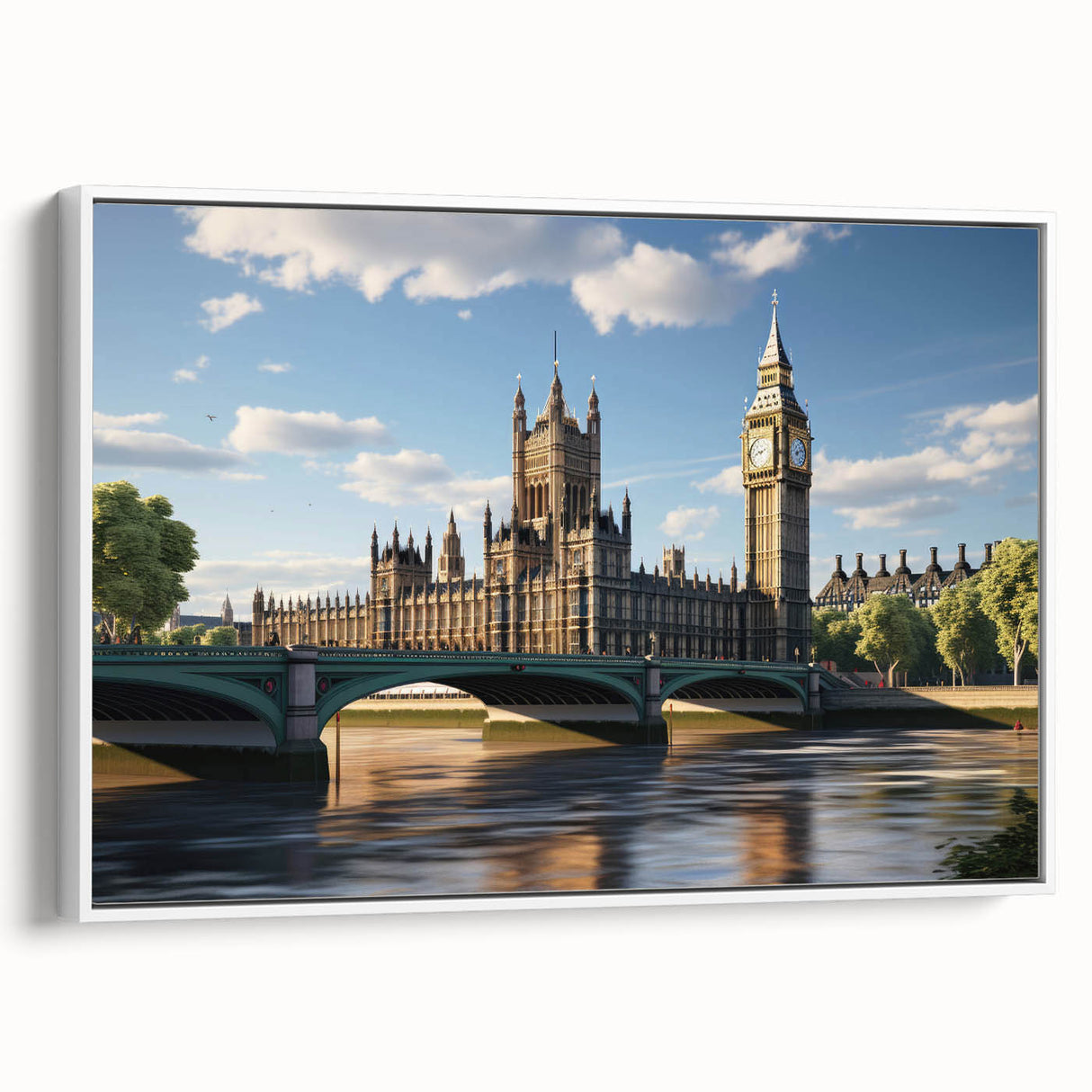 Vintage poster art of London skyline on framed canvas, featuring colorful art in extra large size.