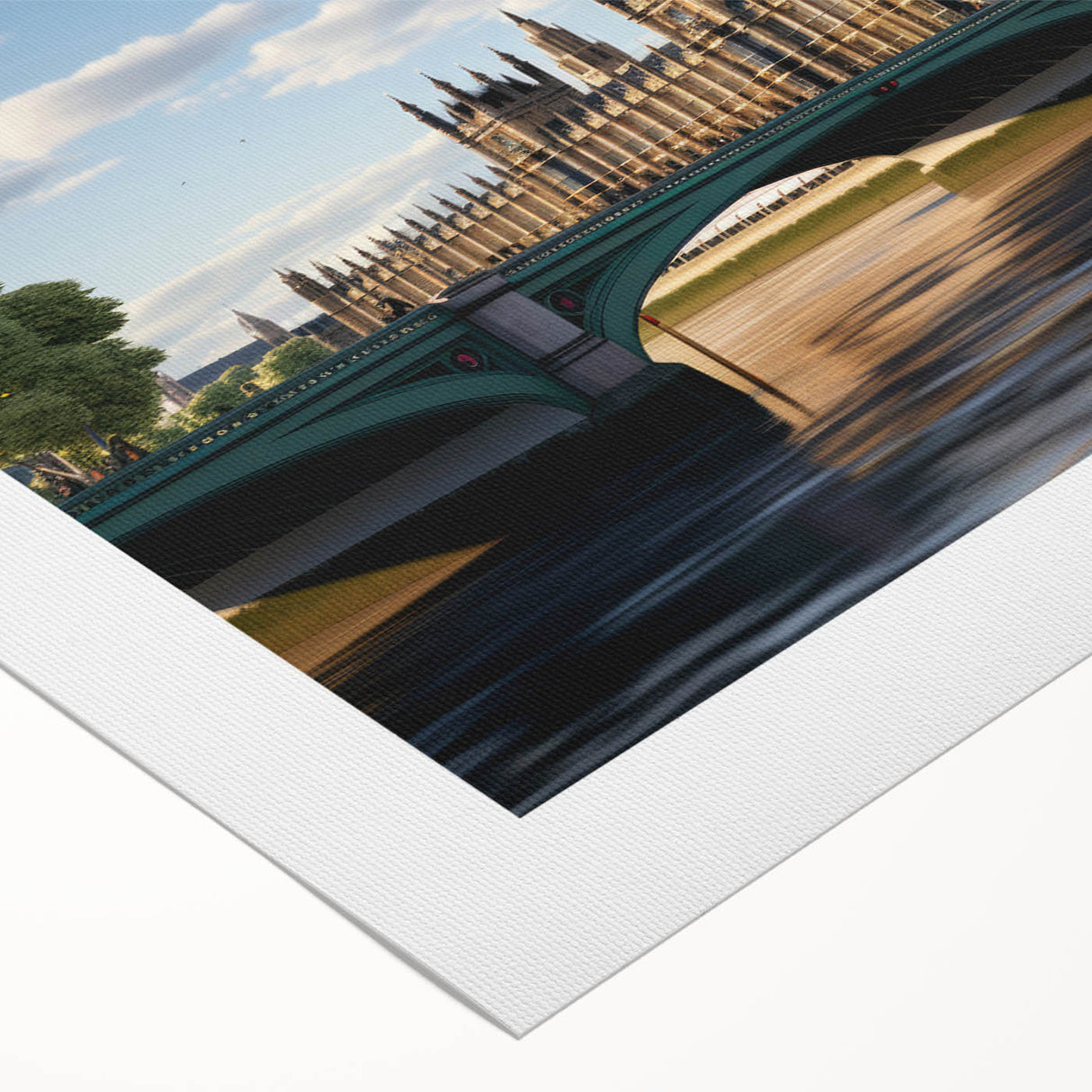Art Deco poster of London skyline in monochrome shades on rolled canvas, suitable for dining room wall art.
