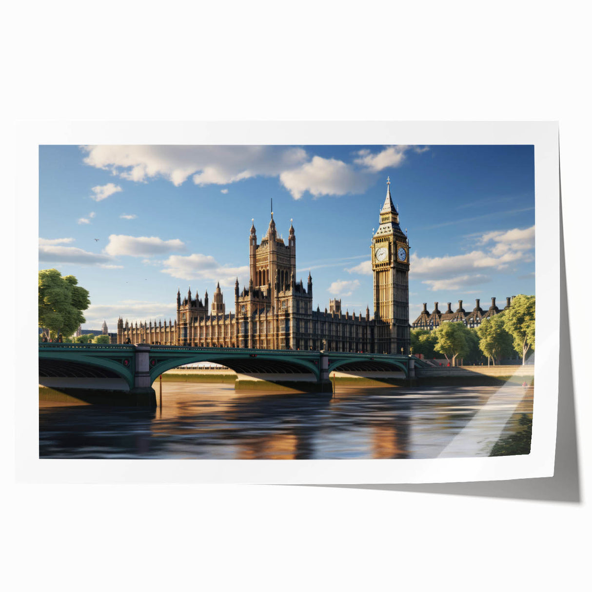 Extra large rolled print of London scenery with vibrant green and blue tones, ideal for art wall dining room.