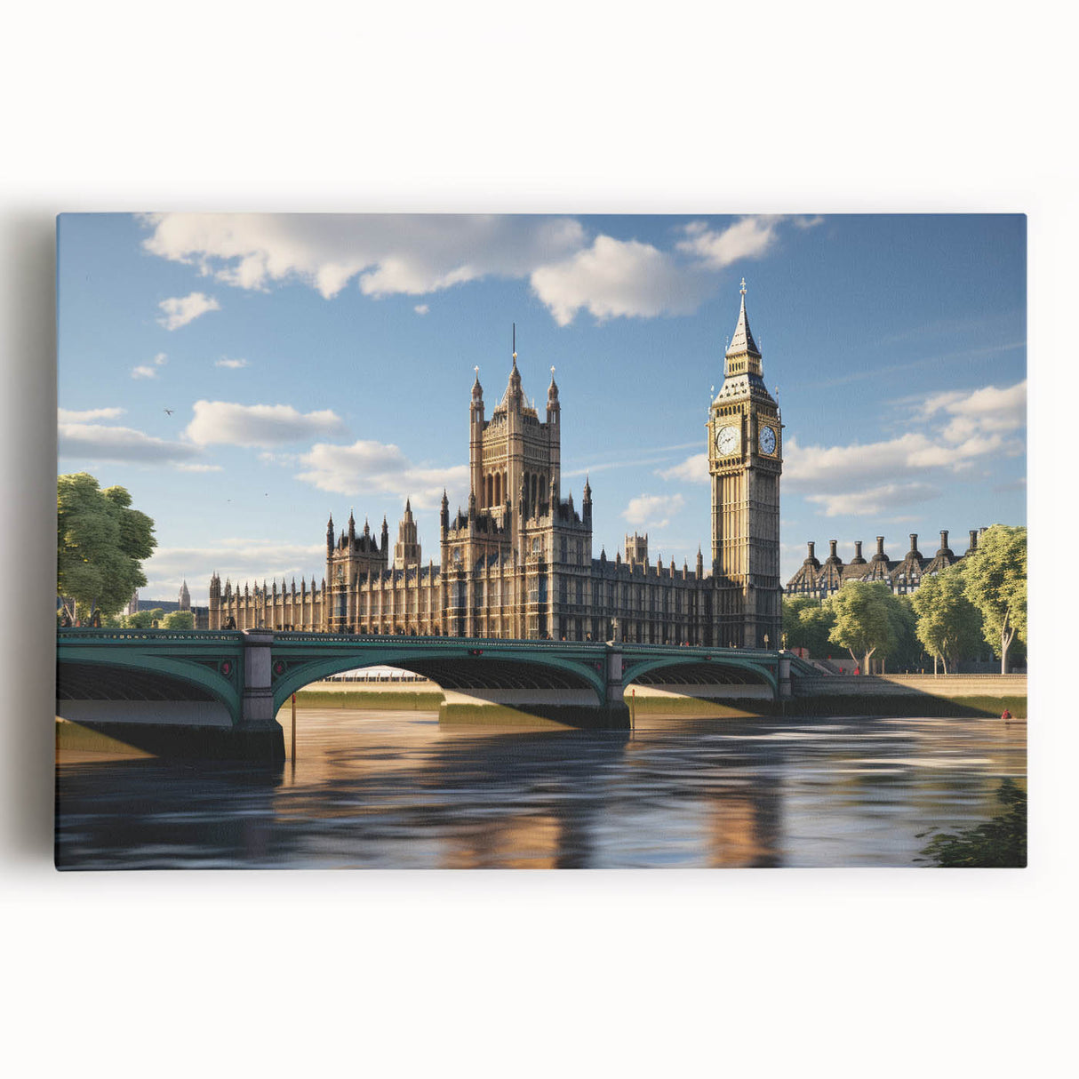 Black and white wall art of the London skyline on stretched canvas, ideal for kitchen wall art.