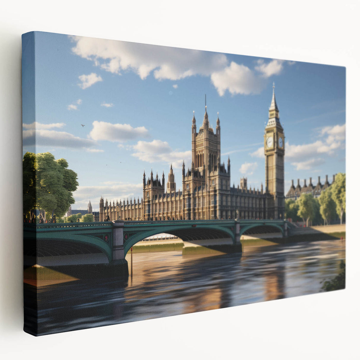 Large canvas of London skyline in muted gray and blue tones, ideal for kitchen wall art.