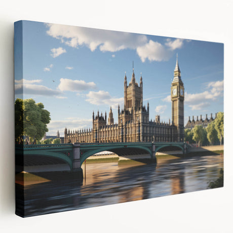 Large canvas of London skyline in muted gray and blue tones, ideal for kitchen wall art.