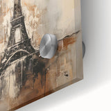 Large abstract depiction of Paris skyline in muted gray and blue tones on acrylic glass, suitable for dining room art.