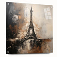 Acrylic print of Paris skyline in muted gray and blue tones, suitable for dining room or bedroom decor.