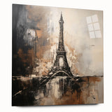 Acrylic print of a large abstract depiction of the Paris skyline in muted gray and blue tones.