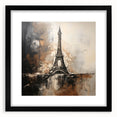 Abstract art print of a colorful Paris cityscape, in a large black frame with textured details, ideal for living room decor.