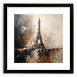 Abstract art print of a colorful Paris cityscape, in a large black frame with textured details, ideal for living room decor.